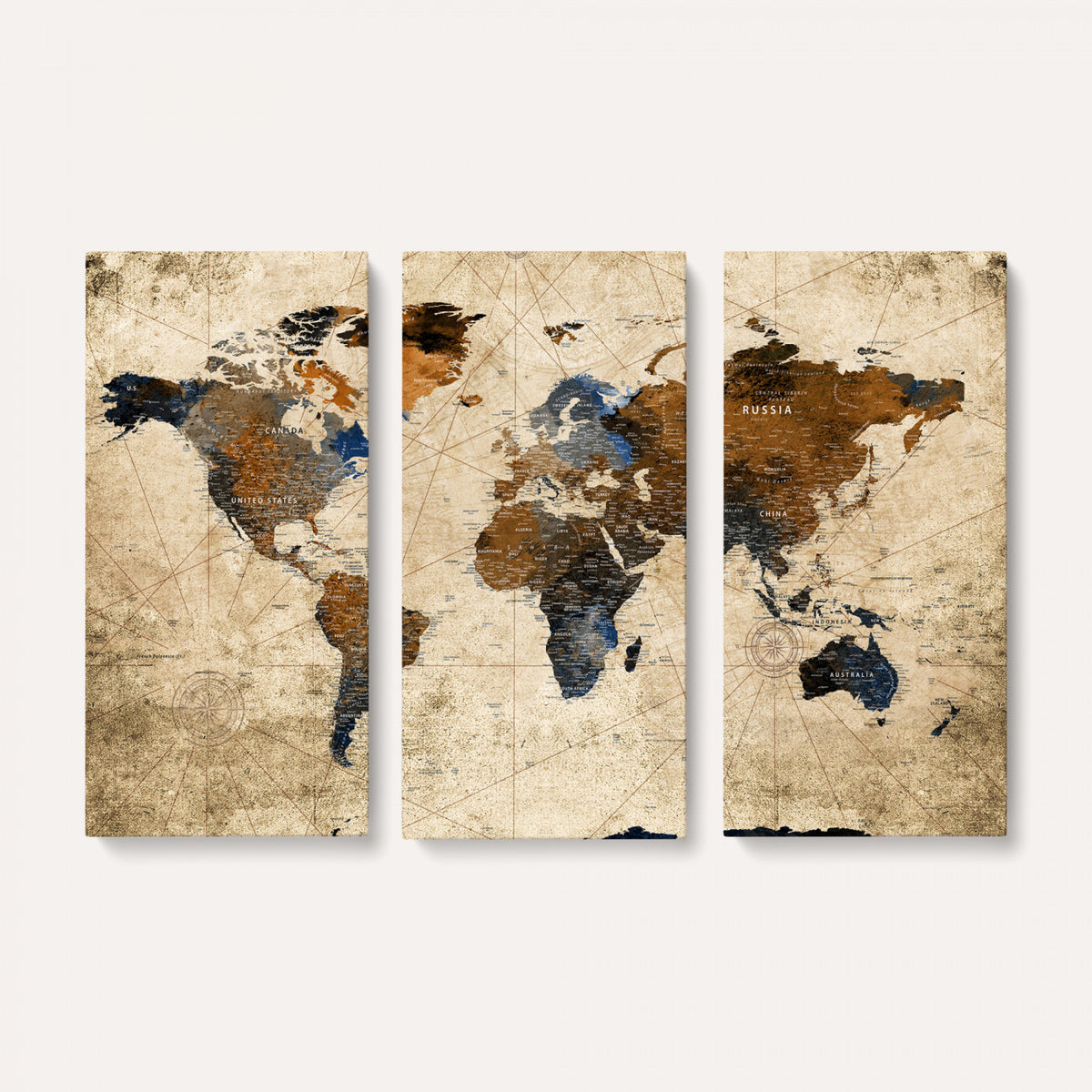 27163414-MGV-CV-36X24 - World Map Wall Art – Rustic Earth Tone Canvas Print, Antique