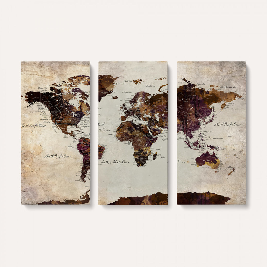 World Map Canvas Triptych | Colorful Global Wall Art for Living Rooms