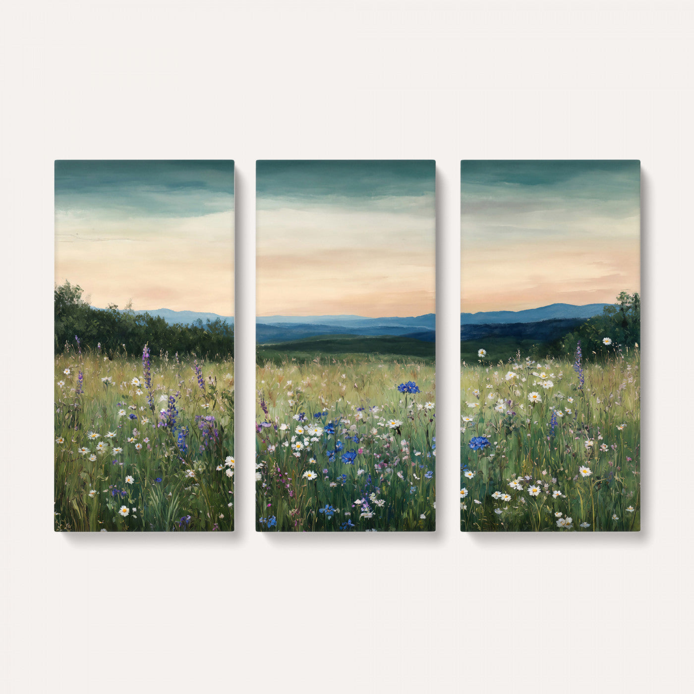 35773805-MGV-CV-36X24 - Wildflower Meadow Oil Painting Canvas Print - Daisy Lavender Mountain Sunset Print | Cottagecore Floral Wall Art - Bedroom Decor Gift for Her