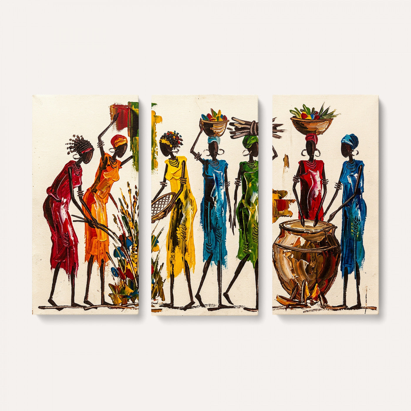 83463154-MGV-CV-36X24 - African Folk Art Canvas Wall Art, Colorful African Women Village Painting Print, Tribal Ethnic Home Decor, Vibrant African Art, Living Room