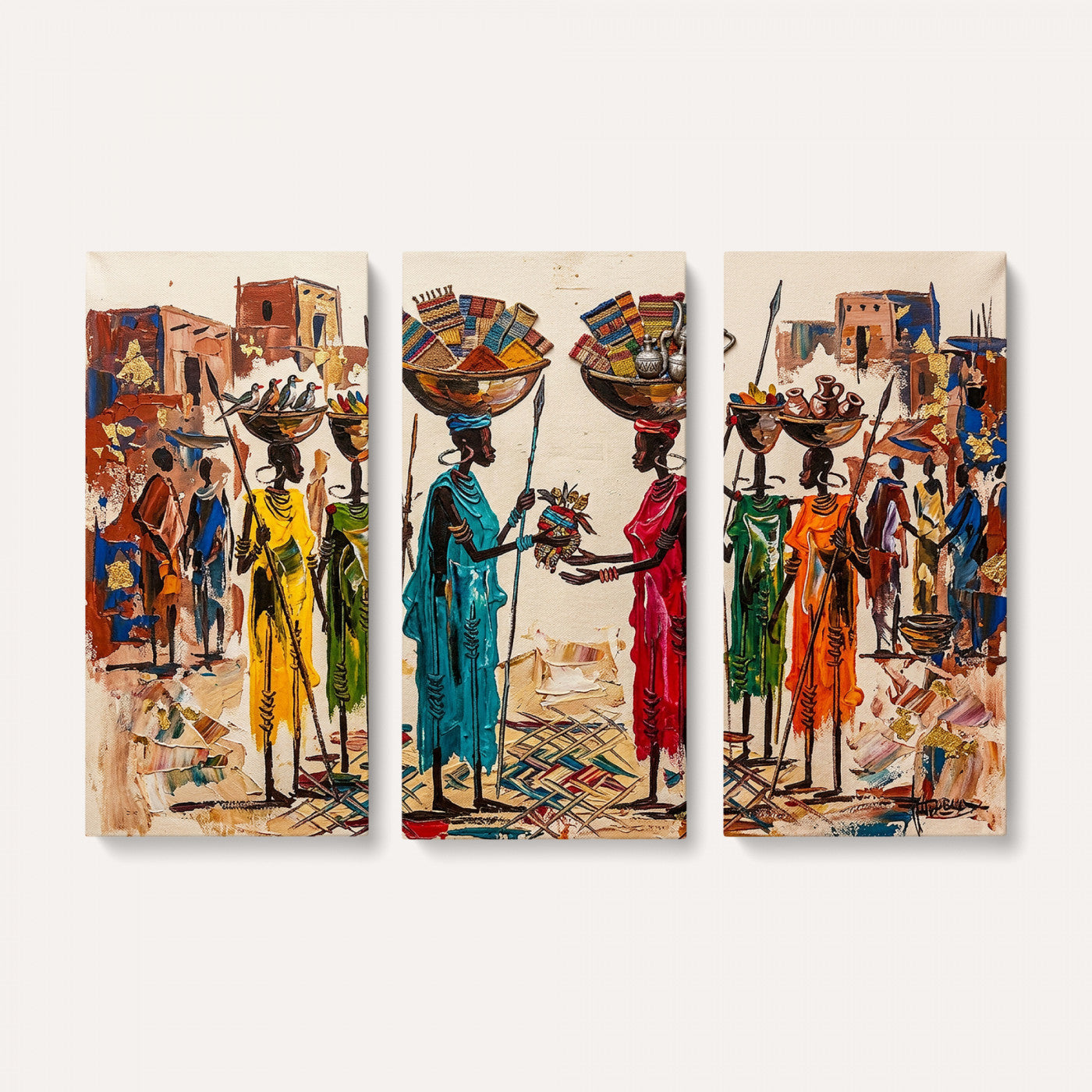 54818657-MGV-CV-36X24 - African Folk Art Canvas Wall Art, Colorful African Women Village Painting Print, Tribal Ethnic Home Decor, Vibrant African Art, Living Room