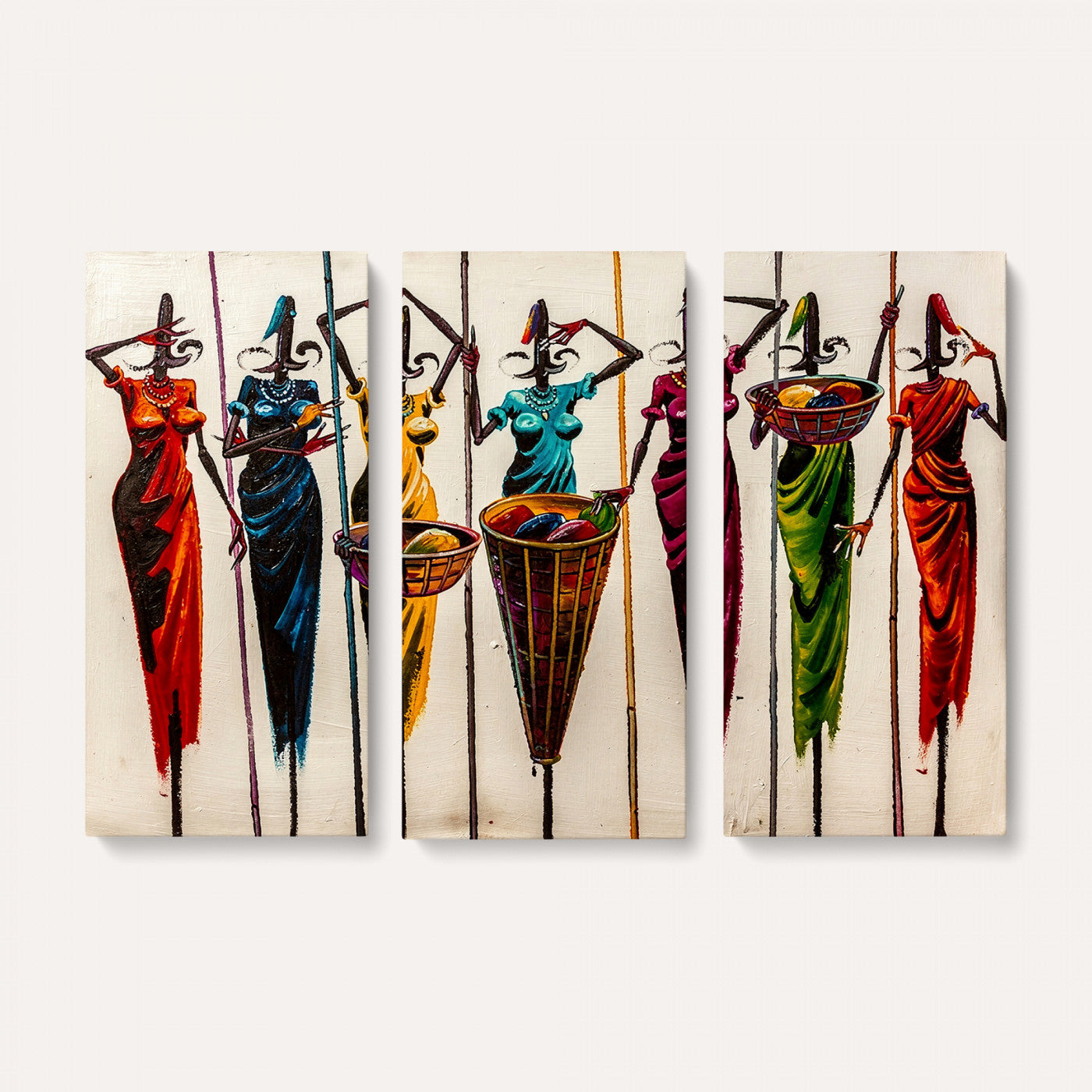 53545627-MGV-CV-36X24 - African Folk Art Canvas Wall Art, Colorful African Women Village Painting Print, Tribal Ethnic Home Decor, Vibrant African Art, Living Room