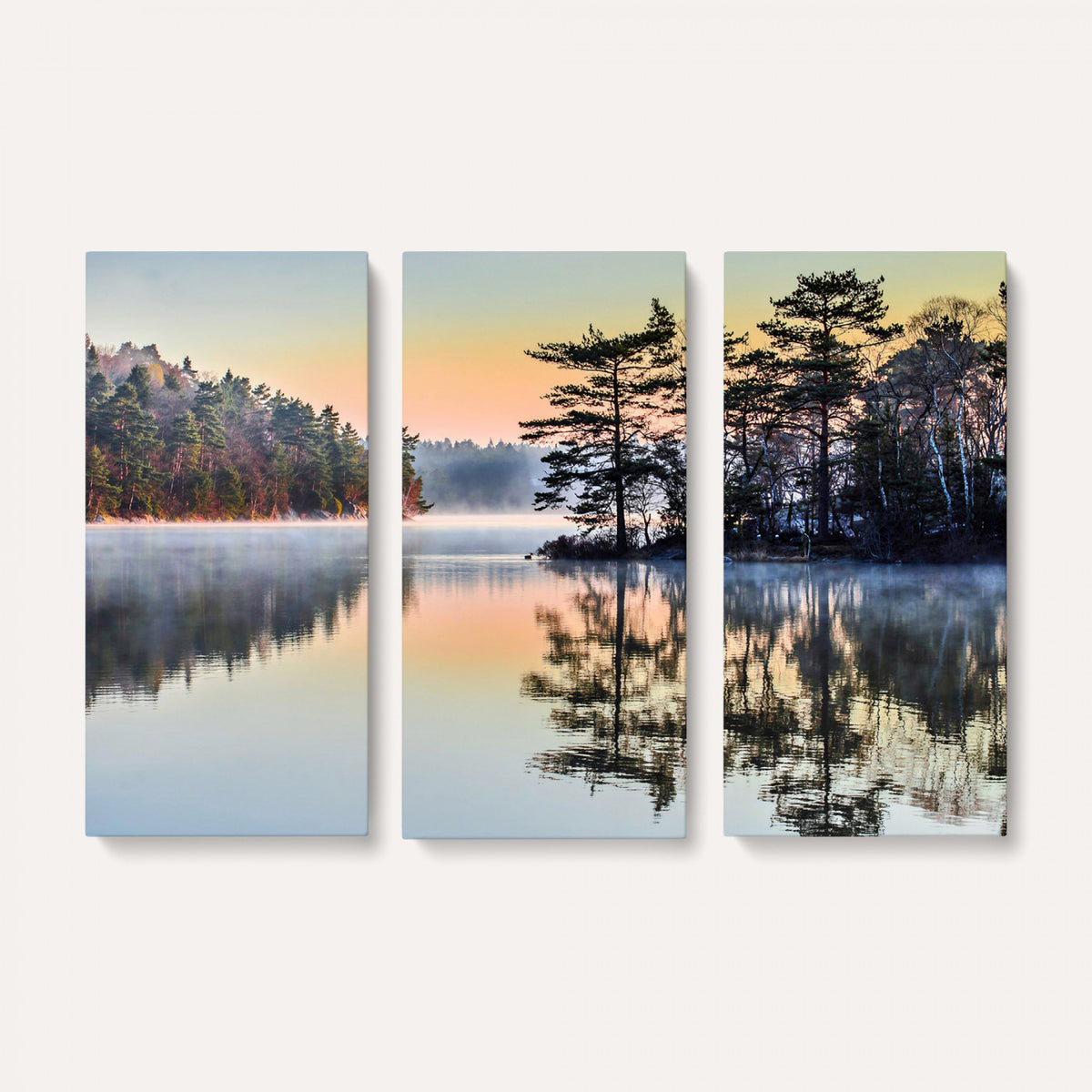 34236027-MGV-CV-36X24 - Before People Wake Canvas Wall Art Print, Misty Lake Sunrise Landscape, Forest Reflection Nature Decor, Ready to Hang