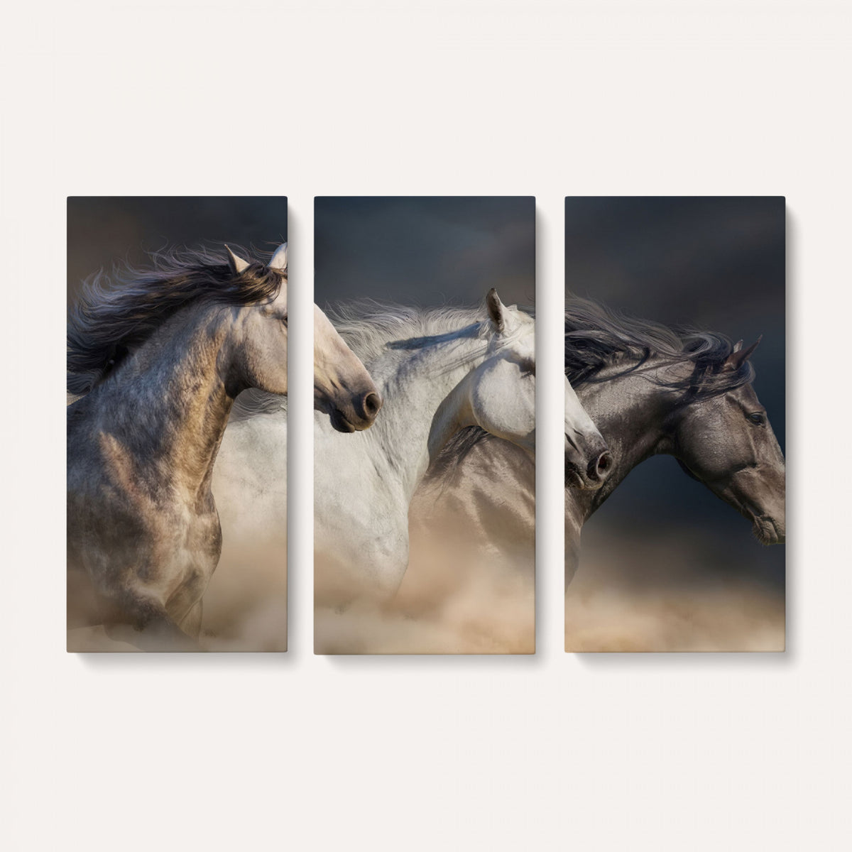 85088910-MGV-CV-36X24 - Three Wild Horses Galloping in Dust Storm Wall Art Canvas Print | Powerful Wildlife Fine Art