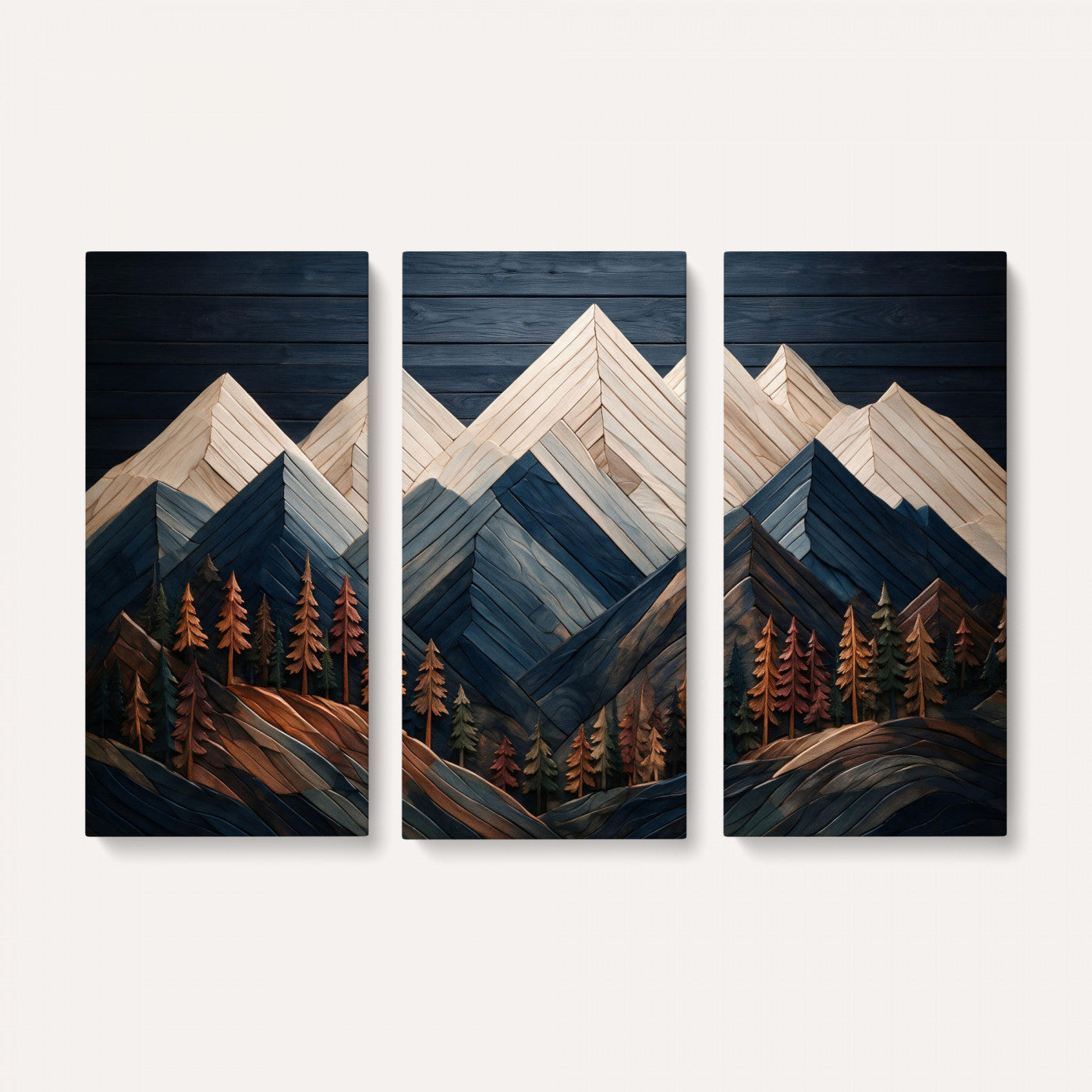 87765072-MGV-CV-36X24 - Geometric Wood Mountain Wall Art Canvas Print, 3D Look Rustic Mosaic Landscape Print