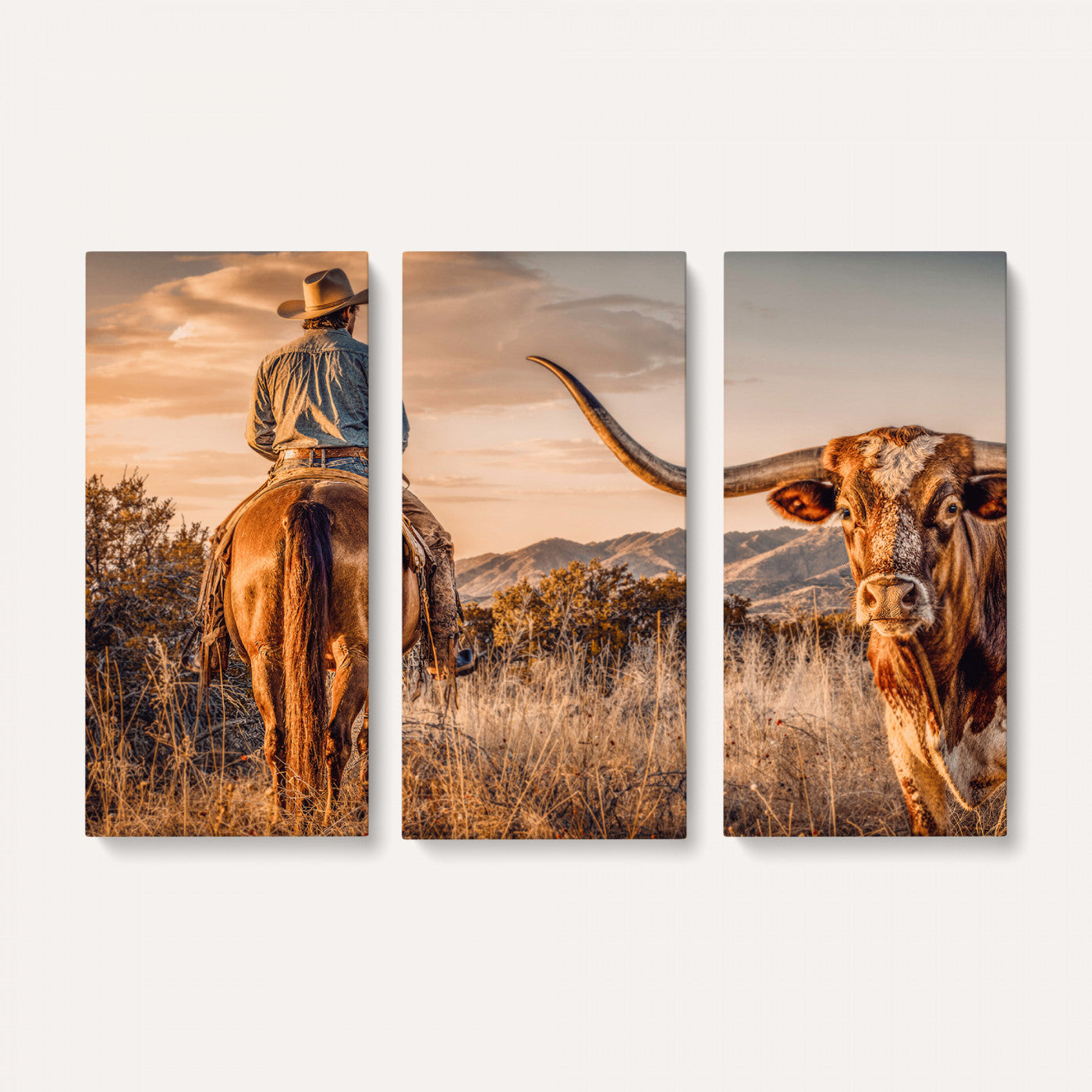 62076449C-MGV-CV-36X24 - Texas Cowboy and Longhorn Bull Print for Western Wall Art Decor for Farmhouse