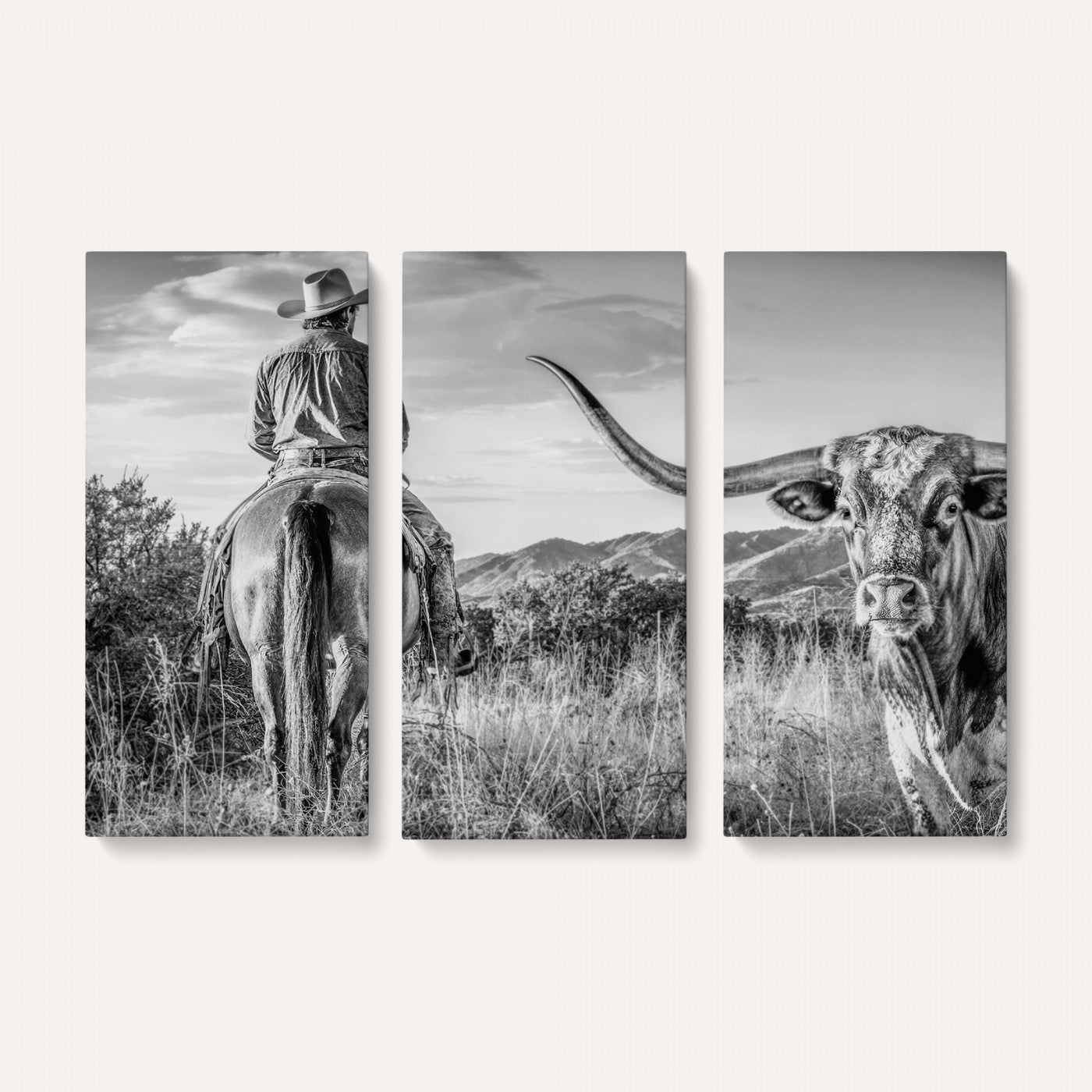 62076449WB-MGV-CV-36X24 - Texas Cowboy and Longhorn Bull Print for Western Wall Art Decor for Farmhouse