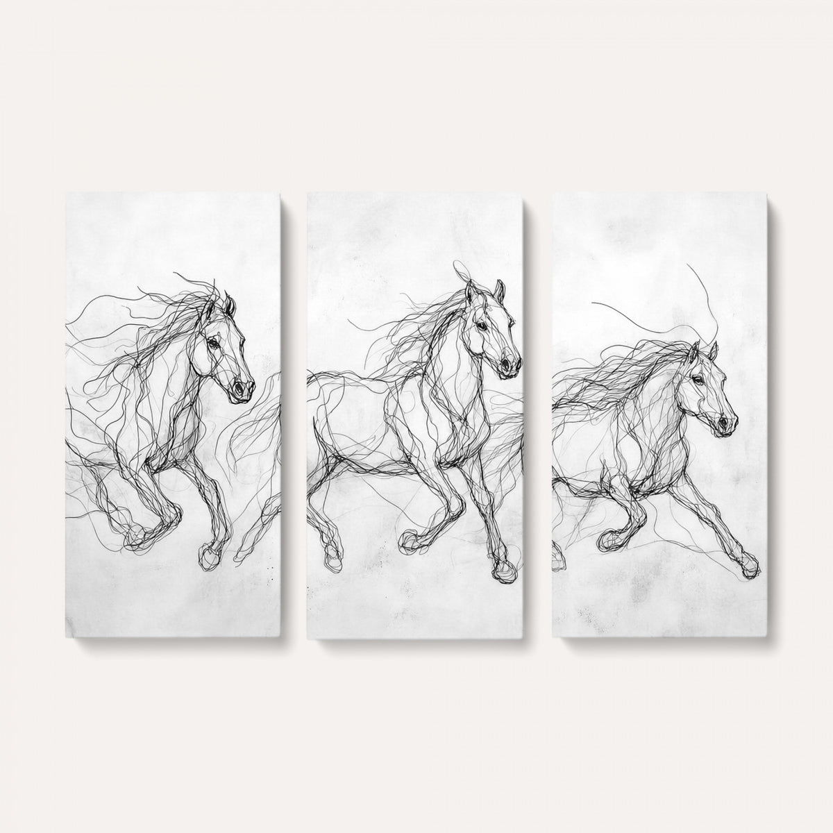 53600119-MGV-CV-36X24 - Monochrome Horse Canvas Wall Art, Black Ink Sketch Wild Horses Print, Minimalist Equestrian Artwork, Modern Abstract Line Decor, Urban Loft Gift