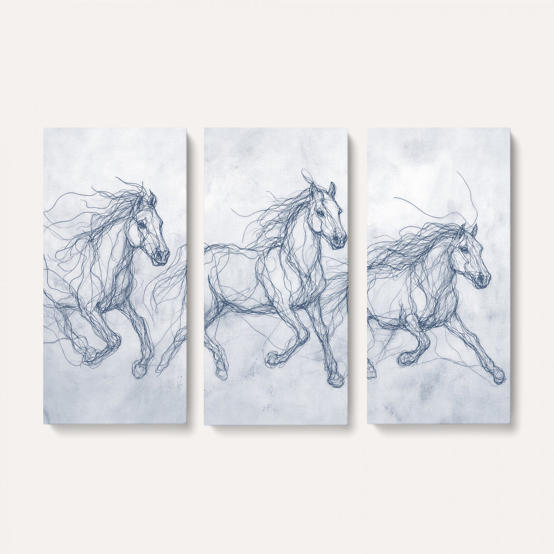 Indigo Blue Horse Line Art Canvas, Steel Grey Wild Horses Print, Modern Equine Wall Decor
