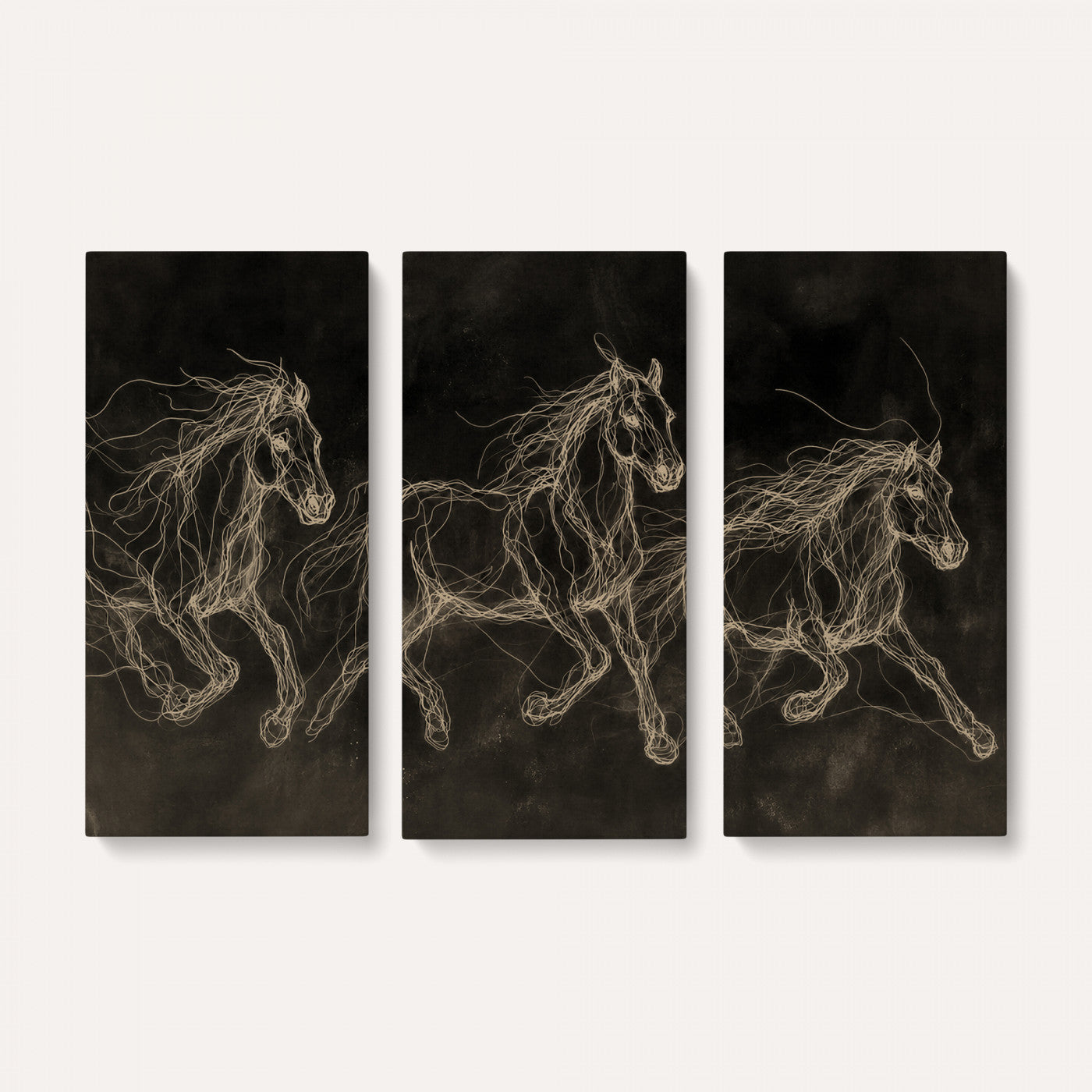 15344242-MGV-CV-36X24 - Dark Horse Line Art Canvas, Gold Scribble Wild Horses Print, Black Chalkboard Wall Art, Modern Luxury Equine Decor, Masculine Office Gift