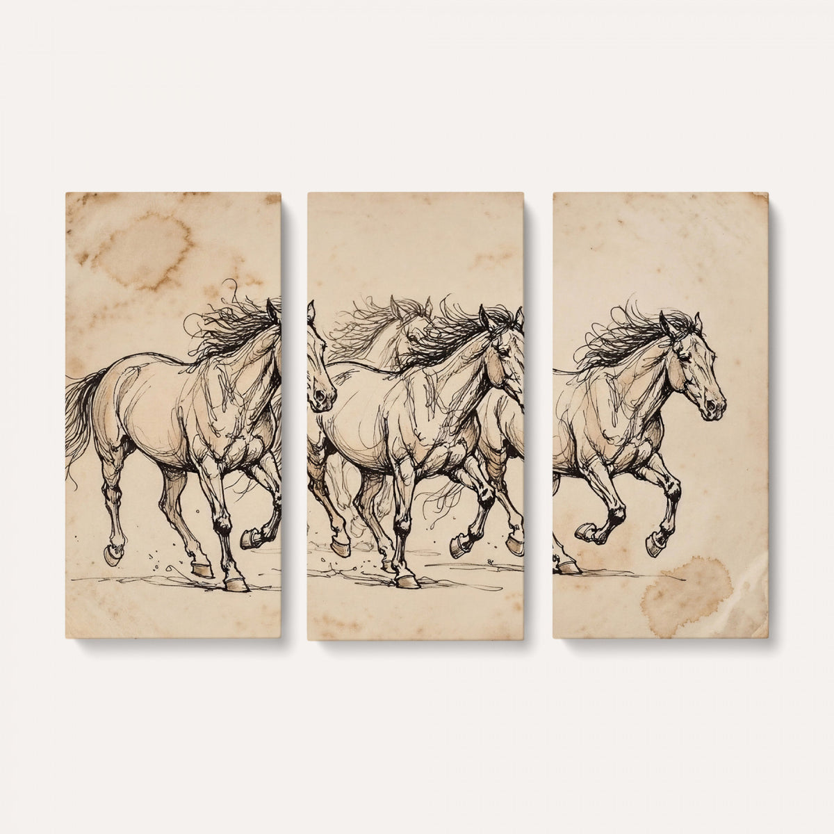 18242163-MGV-CV-36X24 - Vintage Horse Sketch Canvas Wall Art, Wild Horses Pencil Drawing Print, Antique Parchment Western Decor, Equine Sketching, Country Manor Gift