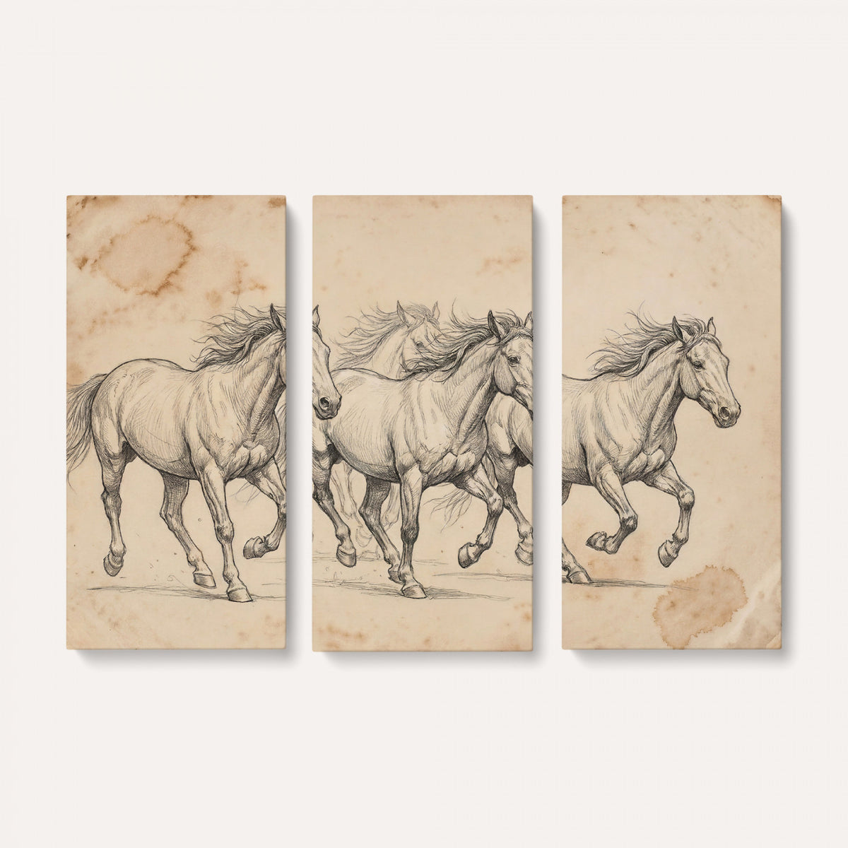 16644391-MGV-CV-36X24 - Vintage Horse Sketch Canvas Wall Art, Wild Horses Pencil Drawing Print, Antique Parchment Western Decor, Equine Sketching, Country Manor Gift