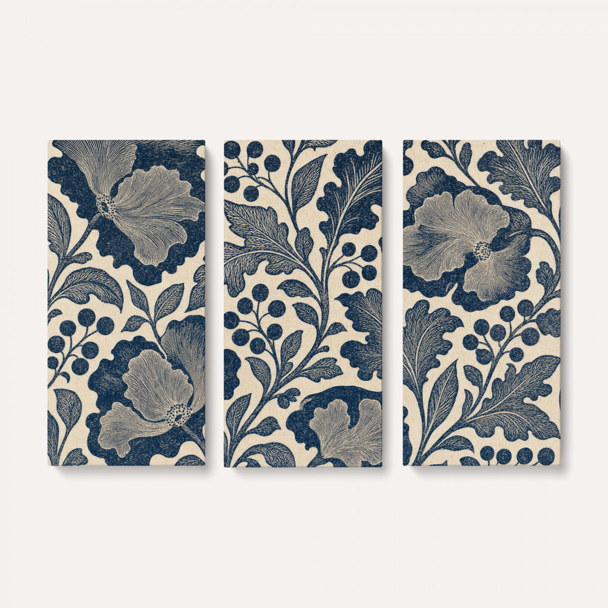 23824002-MGV-CV-36X24 - William Morris Style Navy Blue Floral Wall Art Canvas Print, Vintage Cream Botanical Painting Print