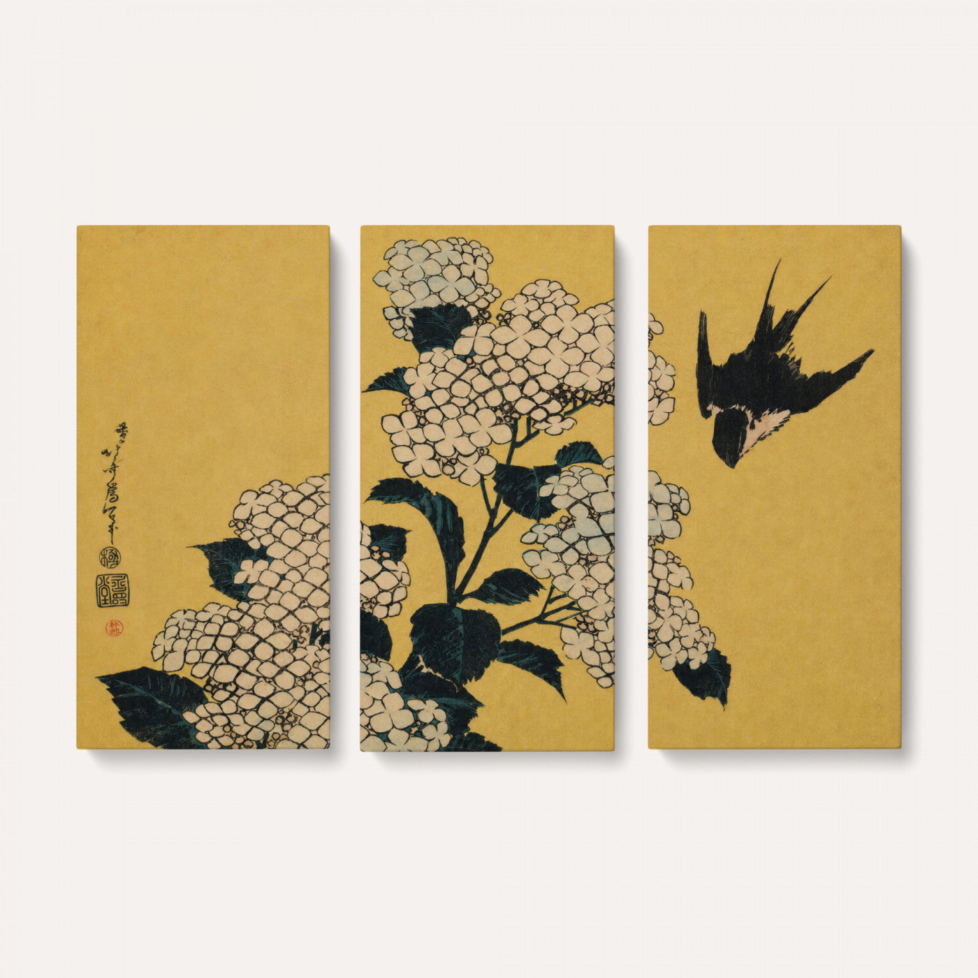 92483501-MGV-CV-36X24 - Katsushika Hokusai Hydrangea and Swallow Wall Art Canvas Print, Japanese Woodblock Painting Print