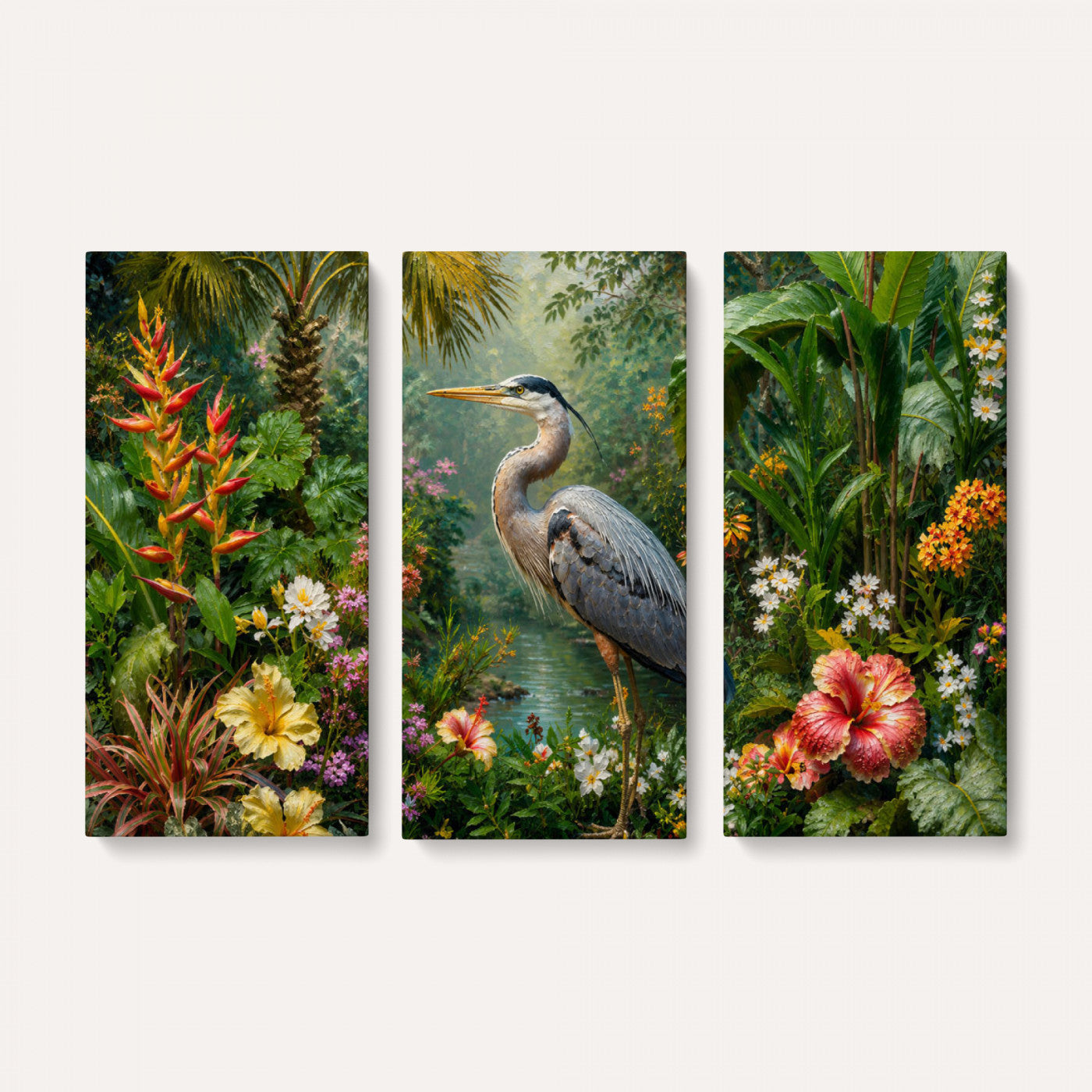 81059387-MGV-CV-36X24 - Great Blue Heron Tropical Jungle Wall Art Canvas Print, Exotic Botanical Garden Painting Print