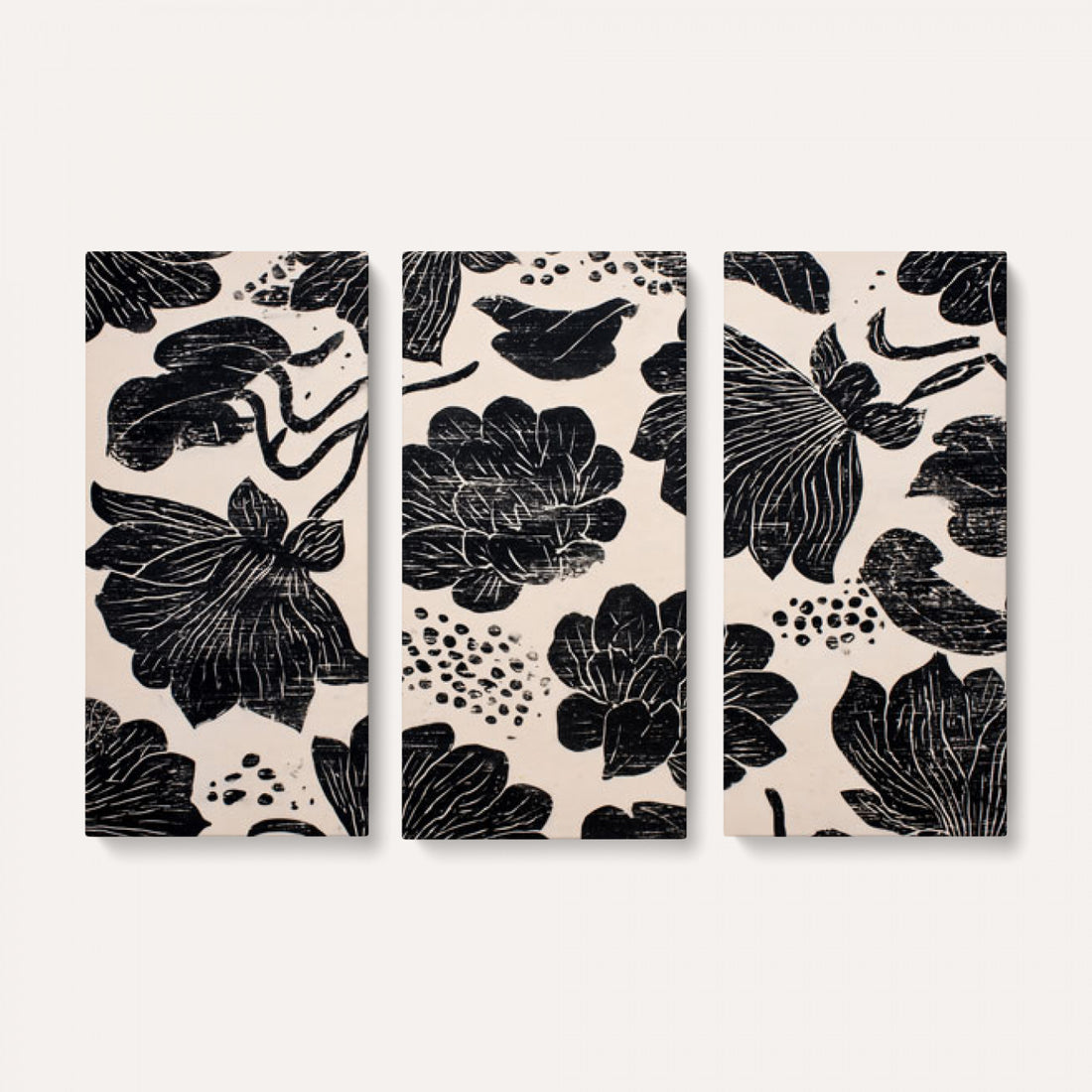 Linocut Black Lotus Floral Wall Art Canvas Print, Vintage Monochrome Botanical Print