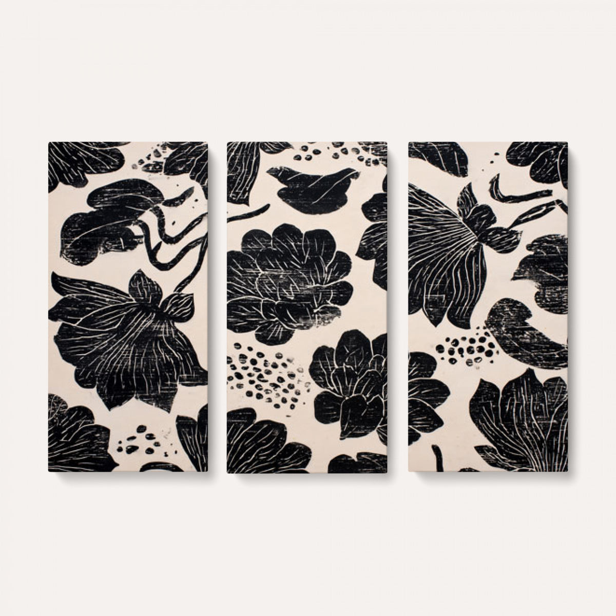 81787117-MGV-CV-36X24 - Linocut Black Lotus Floral Wall Art Canvas Print, Vintage Monochrome Botanical Painting Print