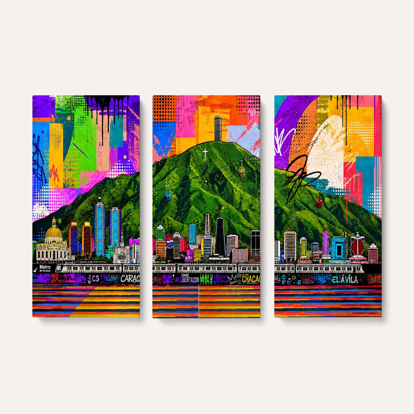 86696255-MGV-CV-36X24 - Mount Ávila, Caracas, Venezuela Wall Art Print by Artist Yorlette - Graffiti Caracas Skyline Canvas Art, Colorful Street Artwork - Venezuela El Avila Poster Print