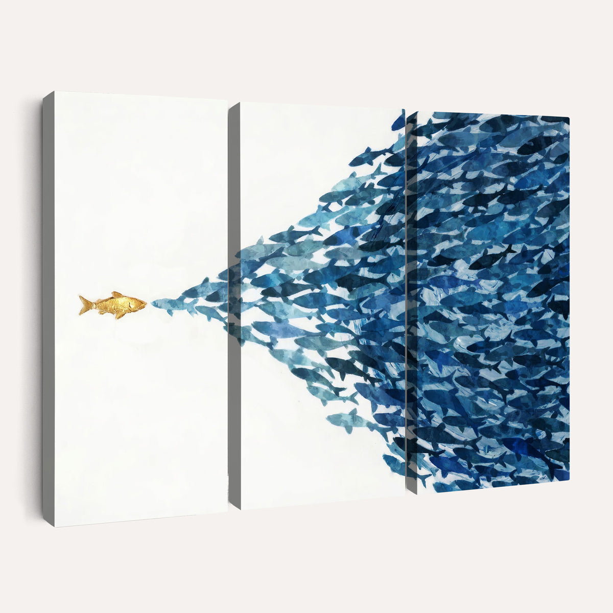 79089639-MGV-CV-36X24 - Abstract Blue Fish School Canvas Wall Art, Gold Foil Accent Marine Print