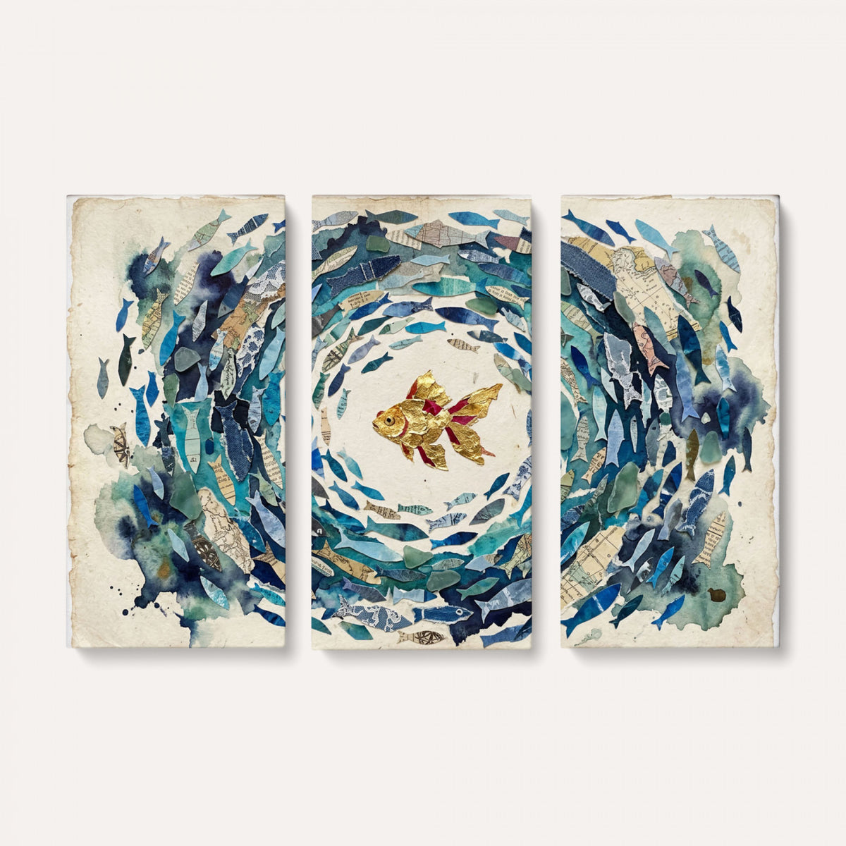 73165663-MGV-CV-36X24 - Mixed Media Blue Fish Swirl Canvas Wall Art, Goldfish Collage Ocean Print