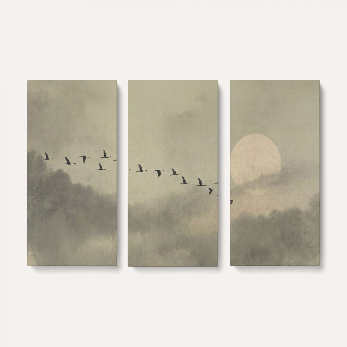 1209814B-MGV-CV-36X24 - Flying Cranes Canvas Wall Art, Misty Landscape with Moon, Sage Green Japandi Decor, Framed Print