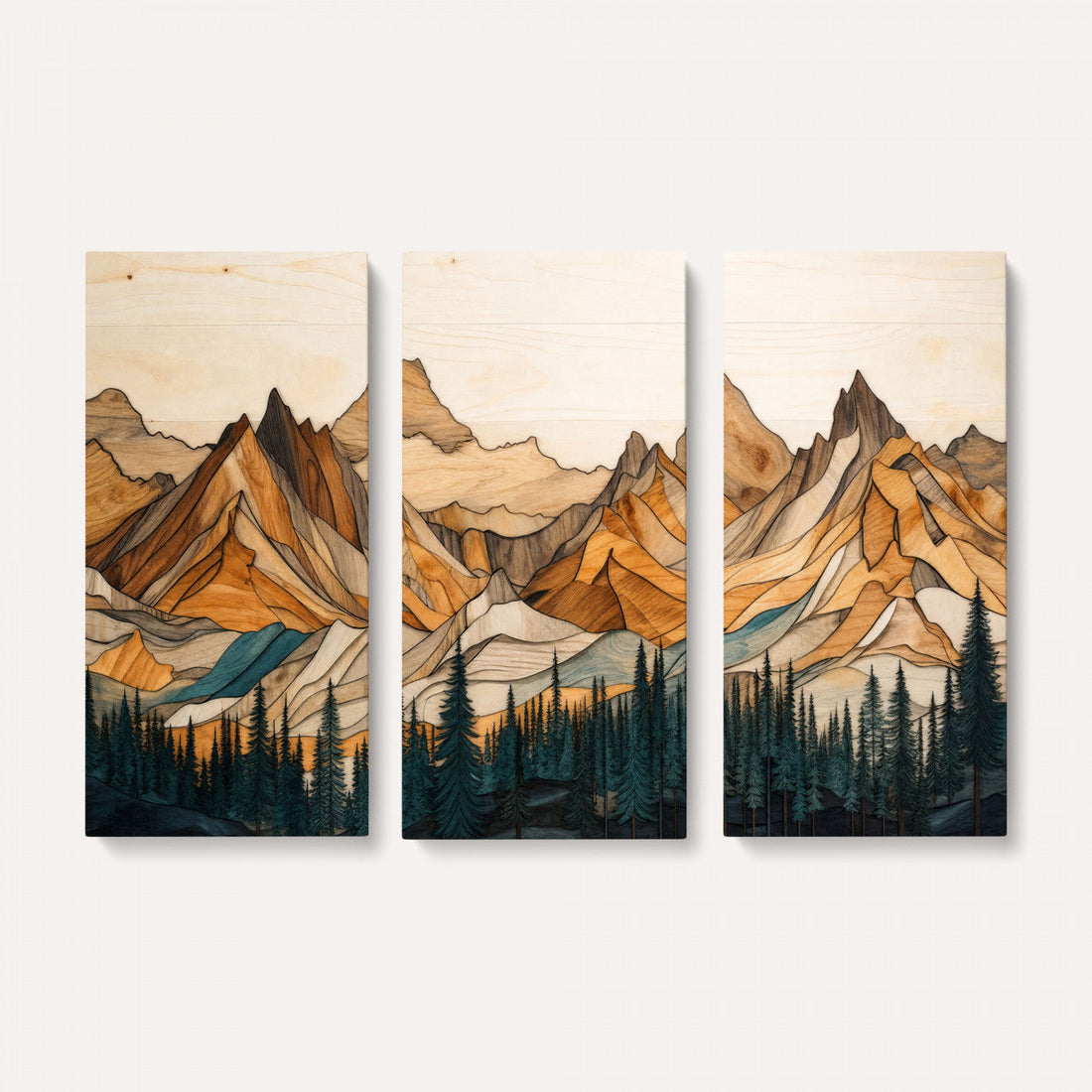 Mountain Landscape Canvas Wall Art with Wood Grain Effect, Golden Peaks and Teal Pine Forest, Framed Cabin Decor