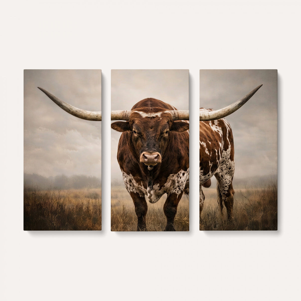 25239047A-MGV-CV-36X24 - Texas Longhorn Canvas Wall Art Western Bull Desert Moody Grey Overcast Rustic Farmhouse Framed Large for Living Room Bedroom Office Decor