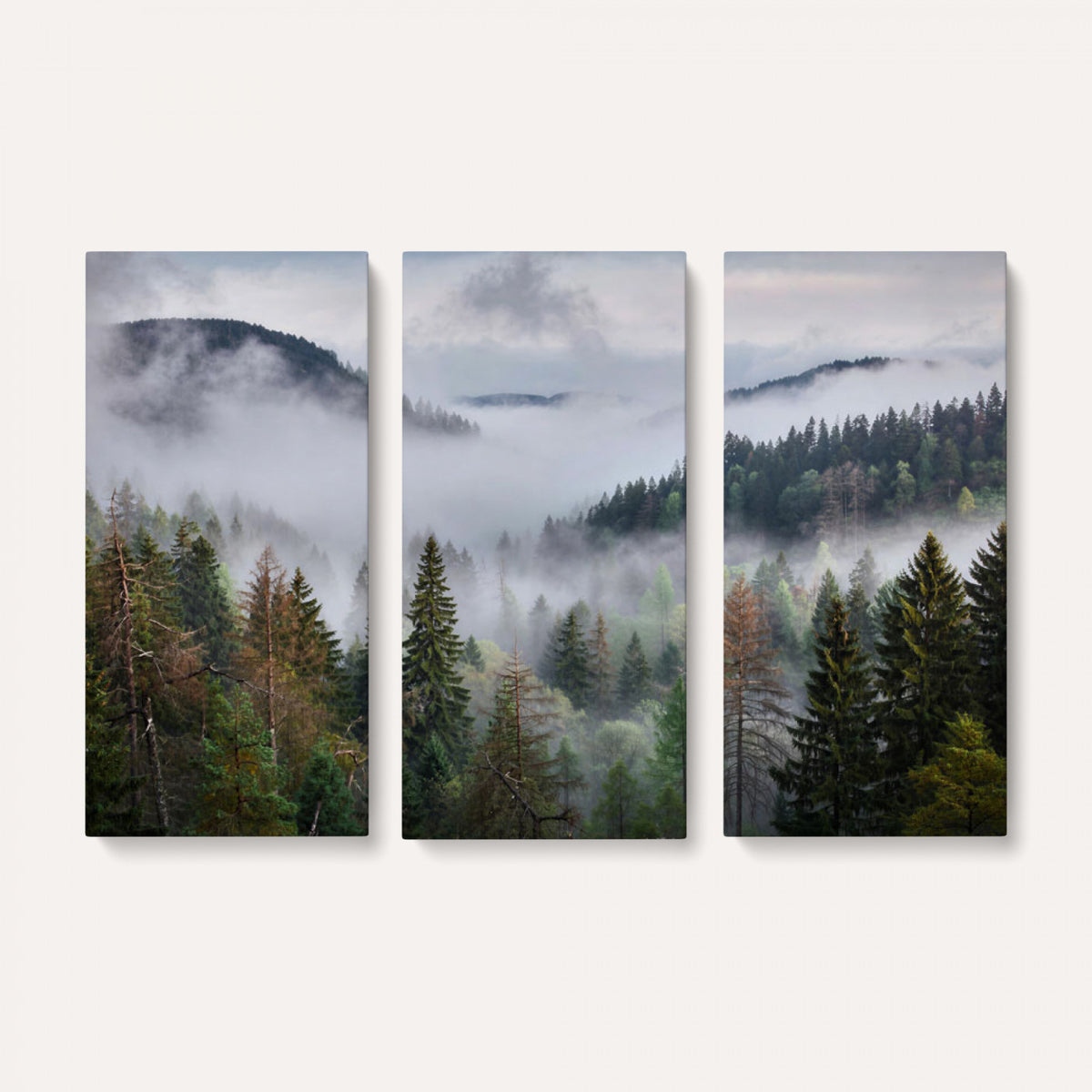 18735847-_Poster-30x20 - Foggy Pine Forest Mountain Canvas Print 3 Piece Framed Wall Art Extra Large Floating Frame Nature Poster Made in USA
