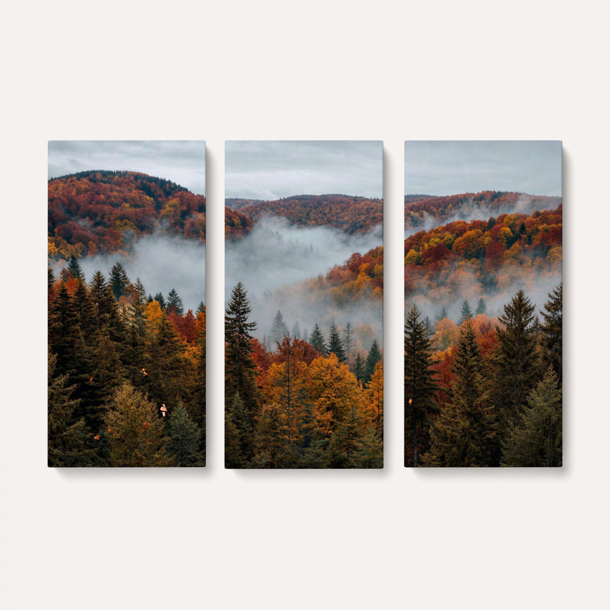 26686263-_Poster-30x20 - Misty Autumn Forest Mountain Canvas Print 3 Panel Wall Art Gallery Wrapped Floating Frame Poster Made in USA