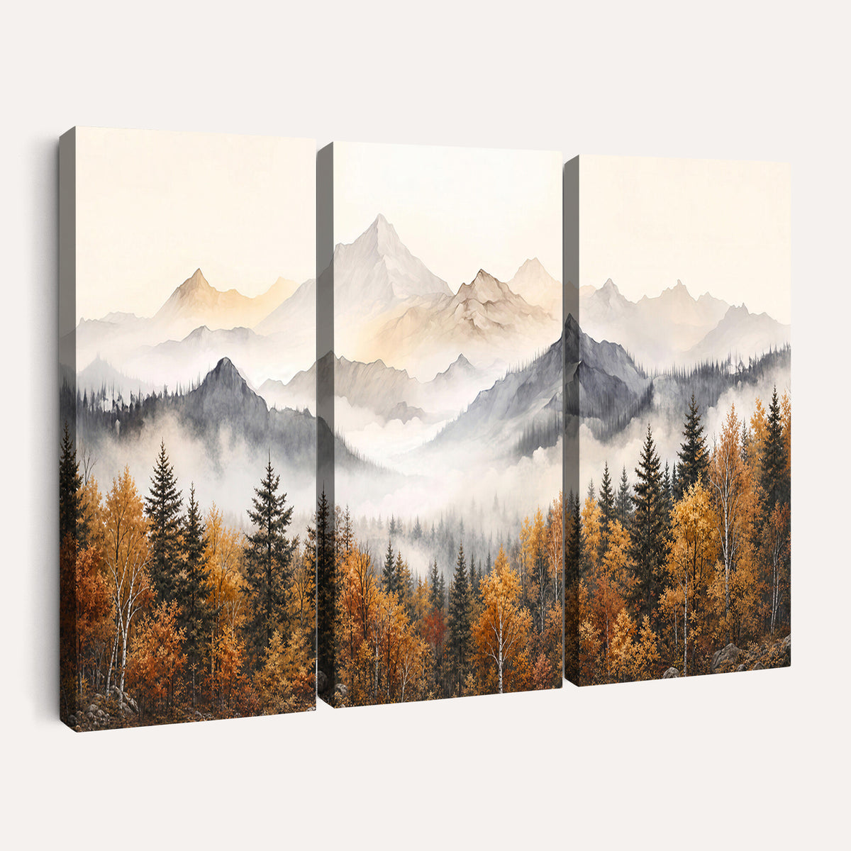 19544118-MGV-TP-30X20 - Misty Mountain Autumn Forest Canvas Wall Art - Watercolor Fall Nature Landscape Print
