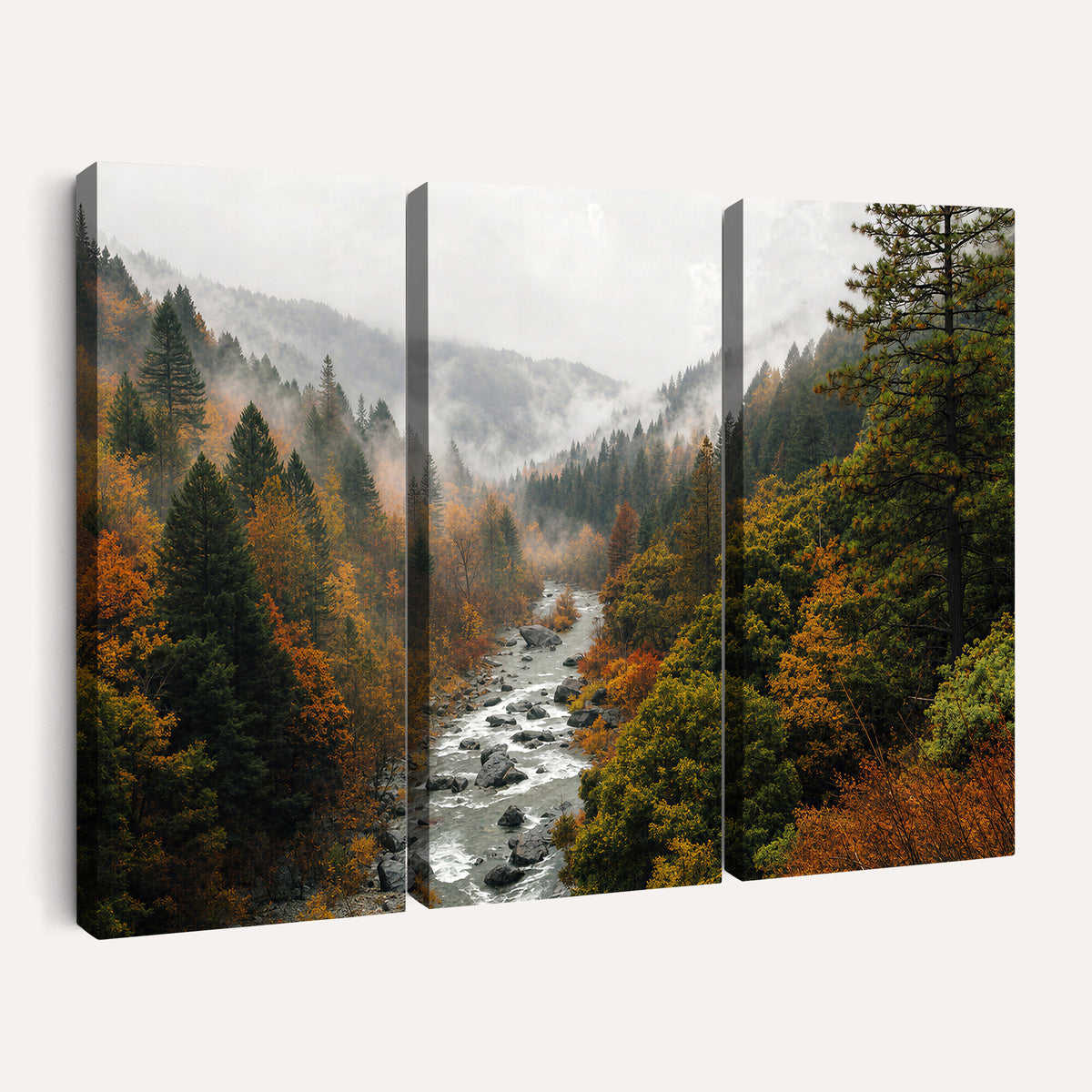 95540697-MGV-TP-30X20 - Misty River Mountain Valley Canvas Wall Art - Autumn Forest Landscape Nature Print