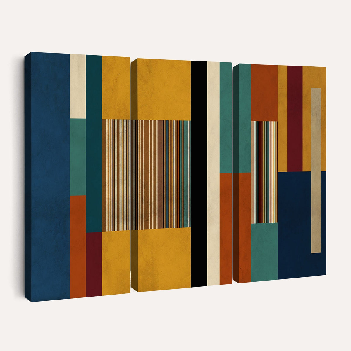 53992657-MGV-CV-48X32-3P - Mid Century Abstract Color Block Canvas Wall Art, Geometric Striped Canvas Print