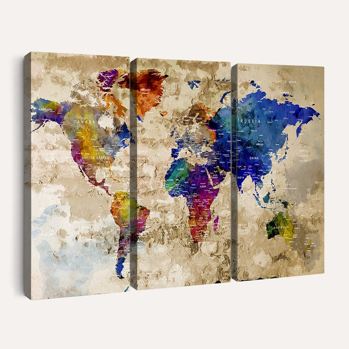 Colorful World Map Canvas Wall Art | Abstract Watercolor Map Print