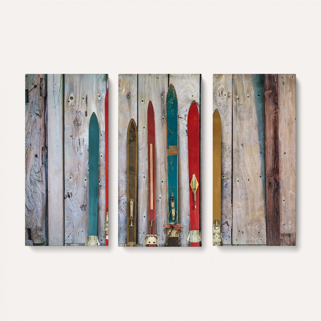 Vintage Wooden Weathered Skis in Front of an Old Barn Wall Art Canvas Print