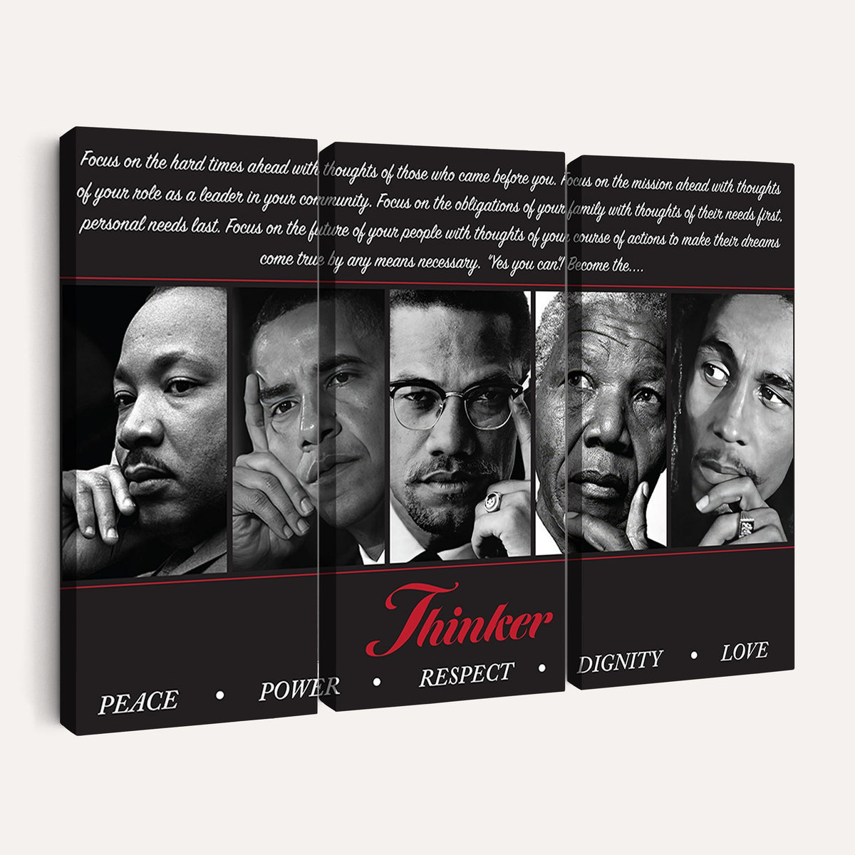 45112-MGV-CV-24X16 - Thinker Quintet Canvas Wall Art | Martin, Obama, Malcolm X, Mandela, Marley, Peace Power Respect Dignity Love