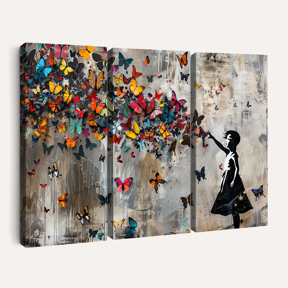 Banksy Wall Art, Banksy Girl and Butterfly Explosion Canvas Print | Extra Large 3 Piece Best Seller Wall Art