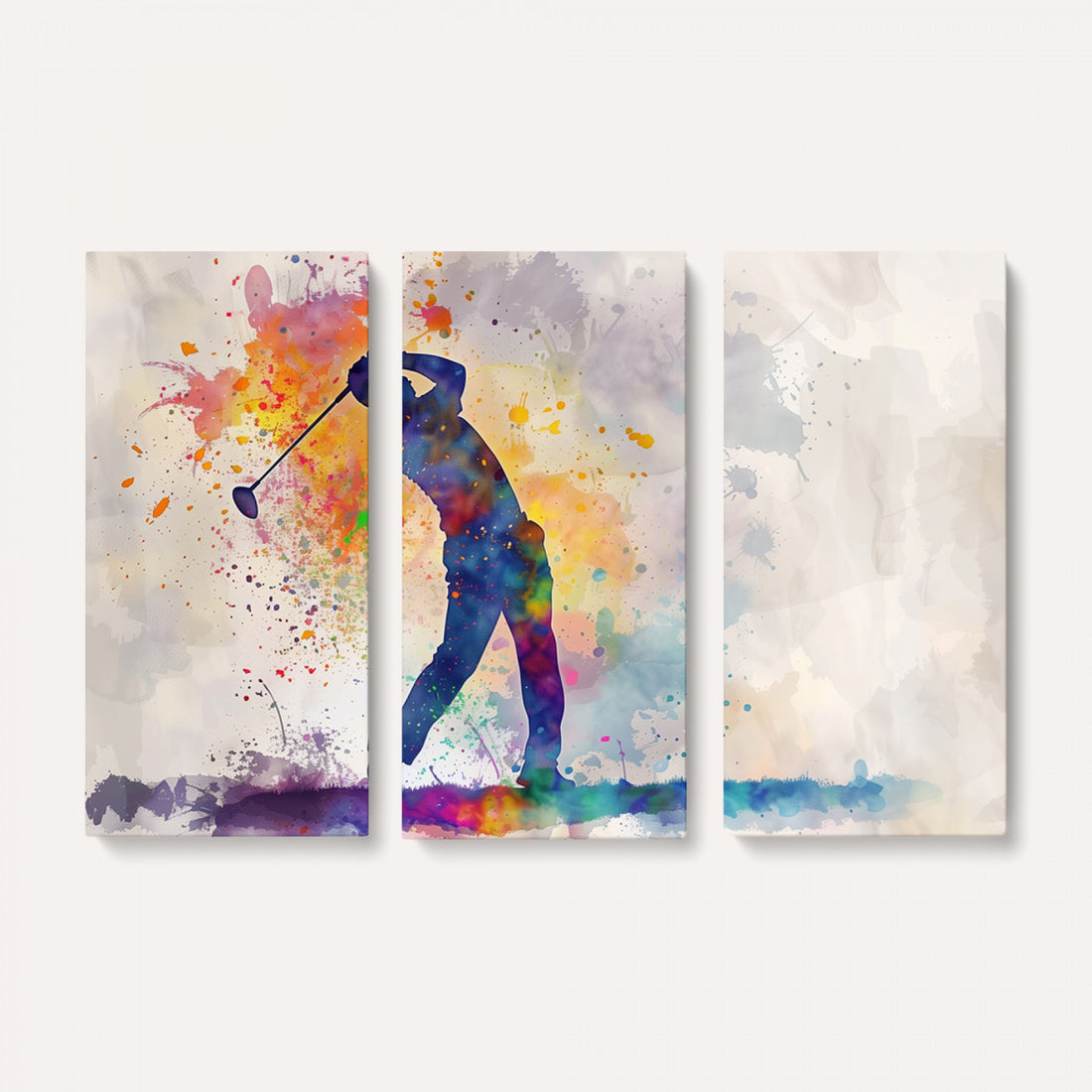 Vibrant Watercolor Golf Swing Wall Art Canvas Print | Extra Large 3 Piece Canvas Wall Art