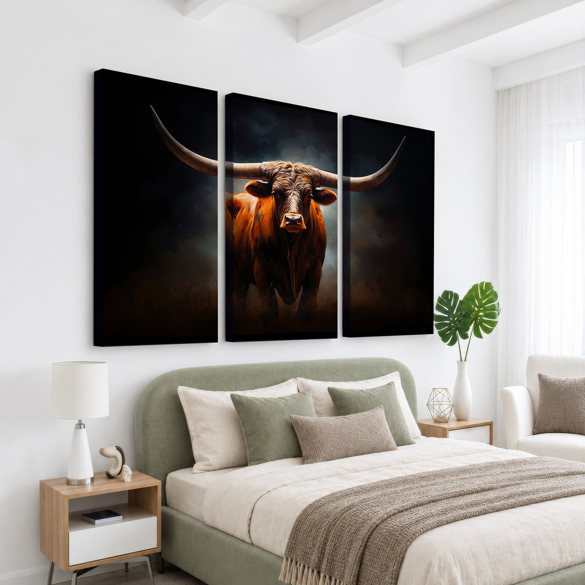 48896-MGV-CV-24X16 - Abstract Texas Longhorn Wall Art Print | 3-Panel Large Texas Longhorn Canvas