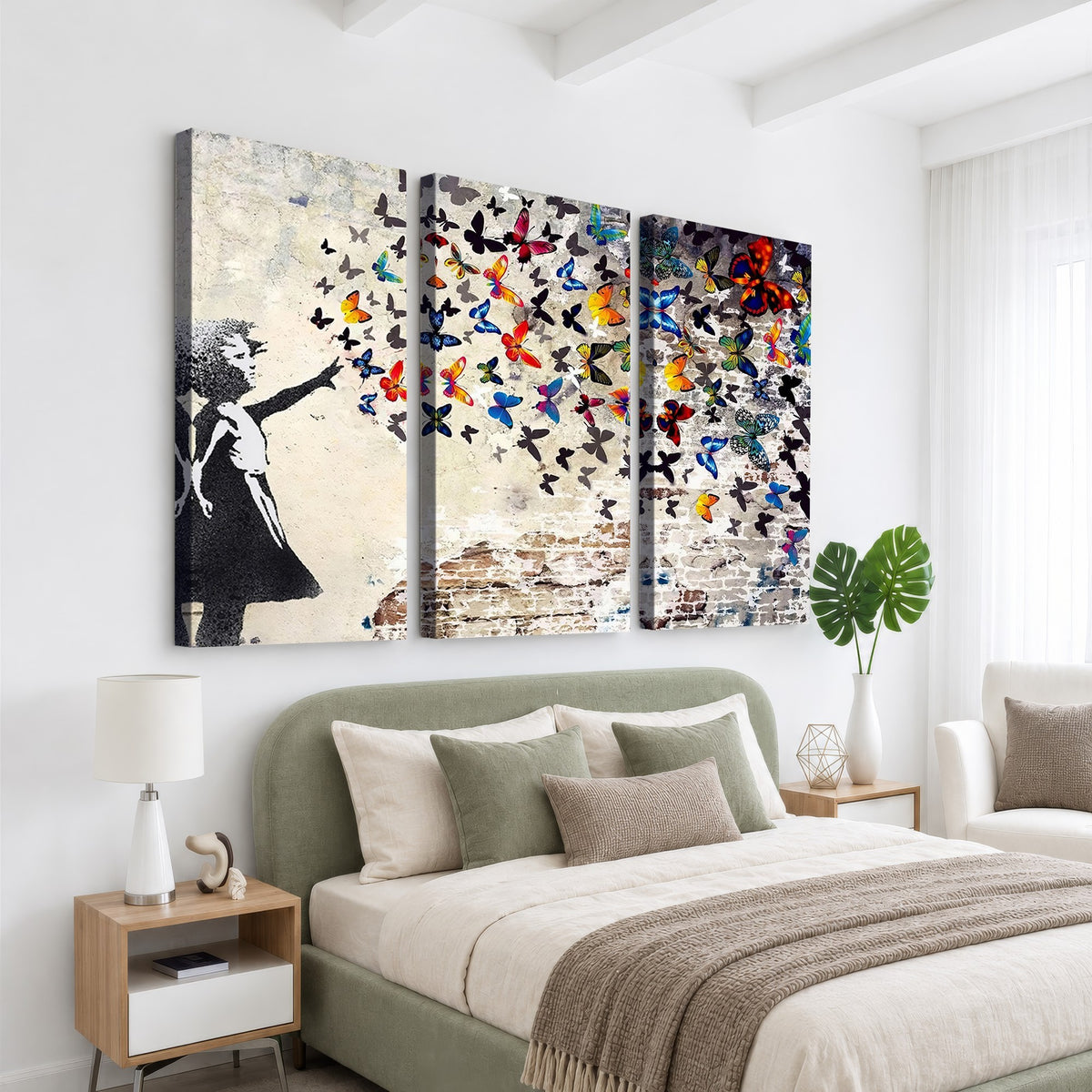 97895-MGV-CV-24X16 - Banksy Graffiti Wall Art Canvas Print, Girl Releasing Vibrant Butterflies