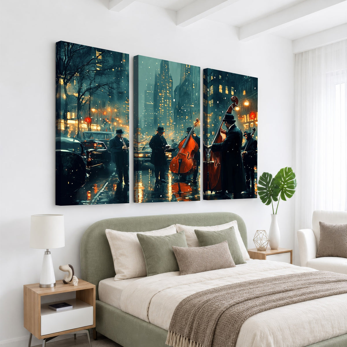 53391-MGV-CV-24X16 - Urban Night Jazz Wall Art Canvas Print | Moody Rain Soaked City Street Band Scene