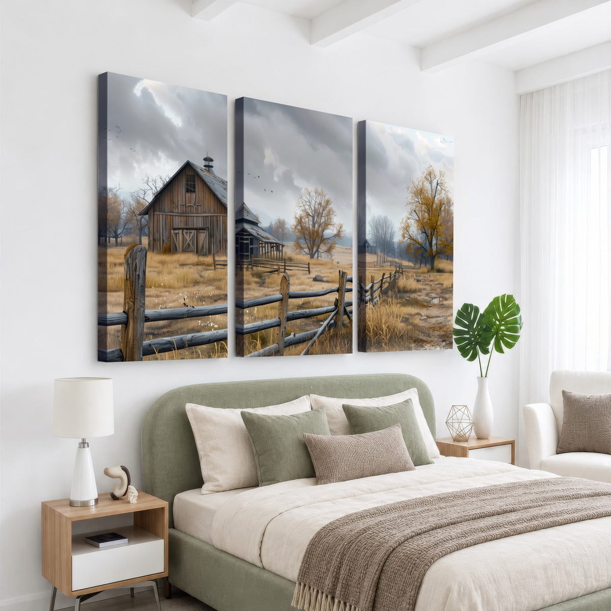 Farm1-MGV-CV-24X16 - Rustic Autumn Farmhouse Wall Art Canvas Print | Serene Countryside with Weathered Barn