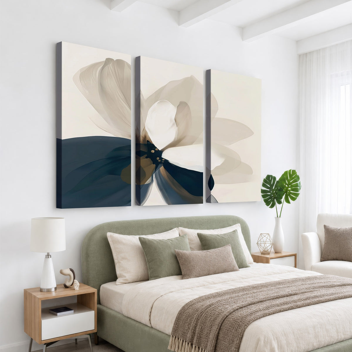 42188901-MGV-CV-24X16 - Minimal Flower Wall Art Canvas Print | Framed Beige and Navy Bloom