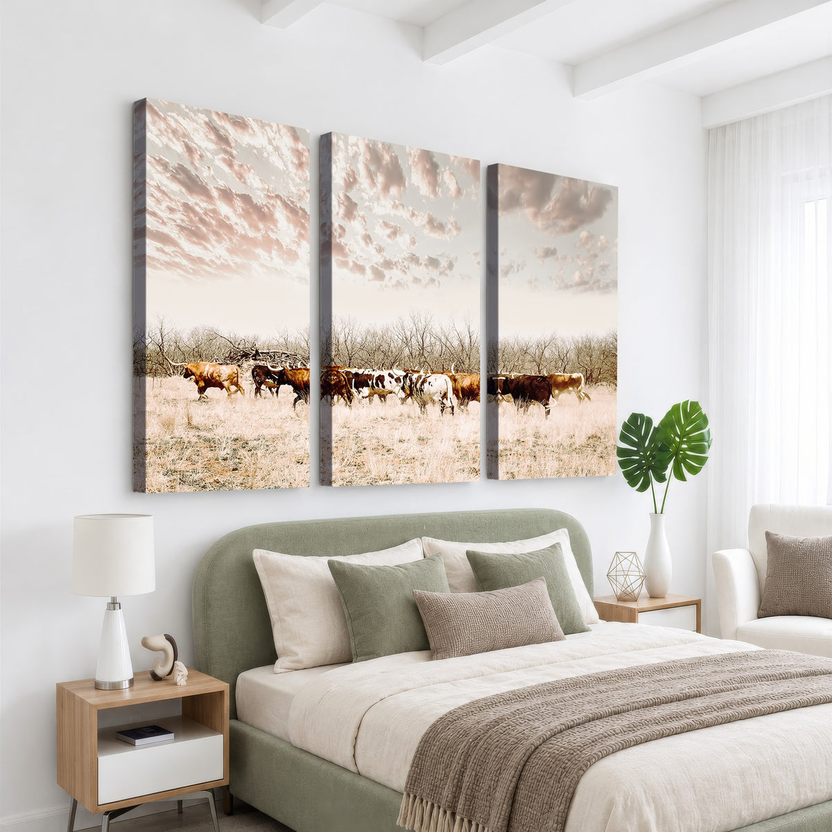 64892775-MGV-CV-24X16 - Longhorn Cattle Wall Art Canvas Print, Framed Texas Ranch Art, Western Cow Print, Prairie Landscape Decor