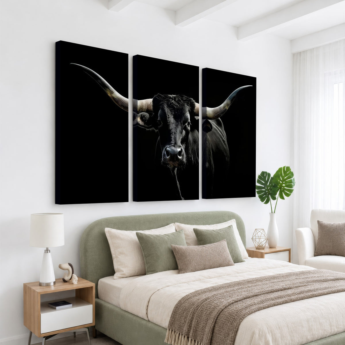 20679-MGV-CV-24X16 - Texas Black Longhorn Bull Wall Art Canvas Print, Western Cattle Rustic Decor