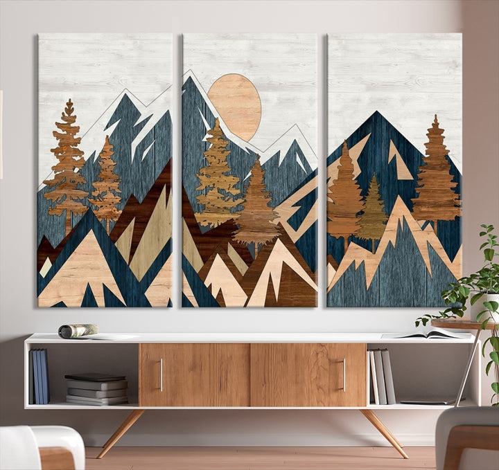 The Abstract Wood Panel Effect Mountain Range Top Wall Art Canvas Print is a striking three-panel art piece featuring mountains, trees, and the sun. Each canvas is gallery wrapped on museum-quality materials and comes with UV protection to ensure durability and preservation.