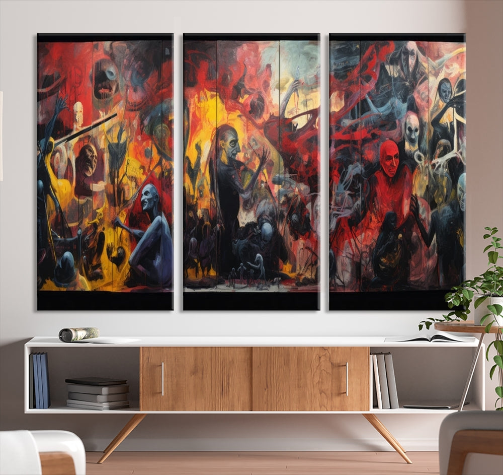 A vibrant Abstract Graffiti Wall Art triptych made of premium canvas, handmade in the USA, adorns the living room.