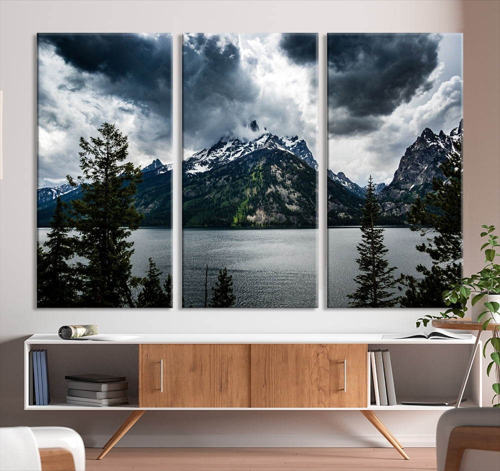 Grand Teton National Park Canvas Wall Art – Majestic Mountain Landscape Under Dramatic Clouds - Ready to Hang