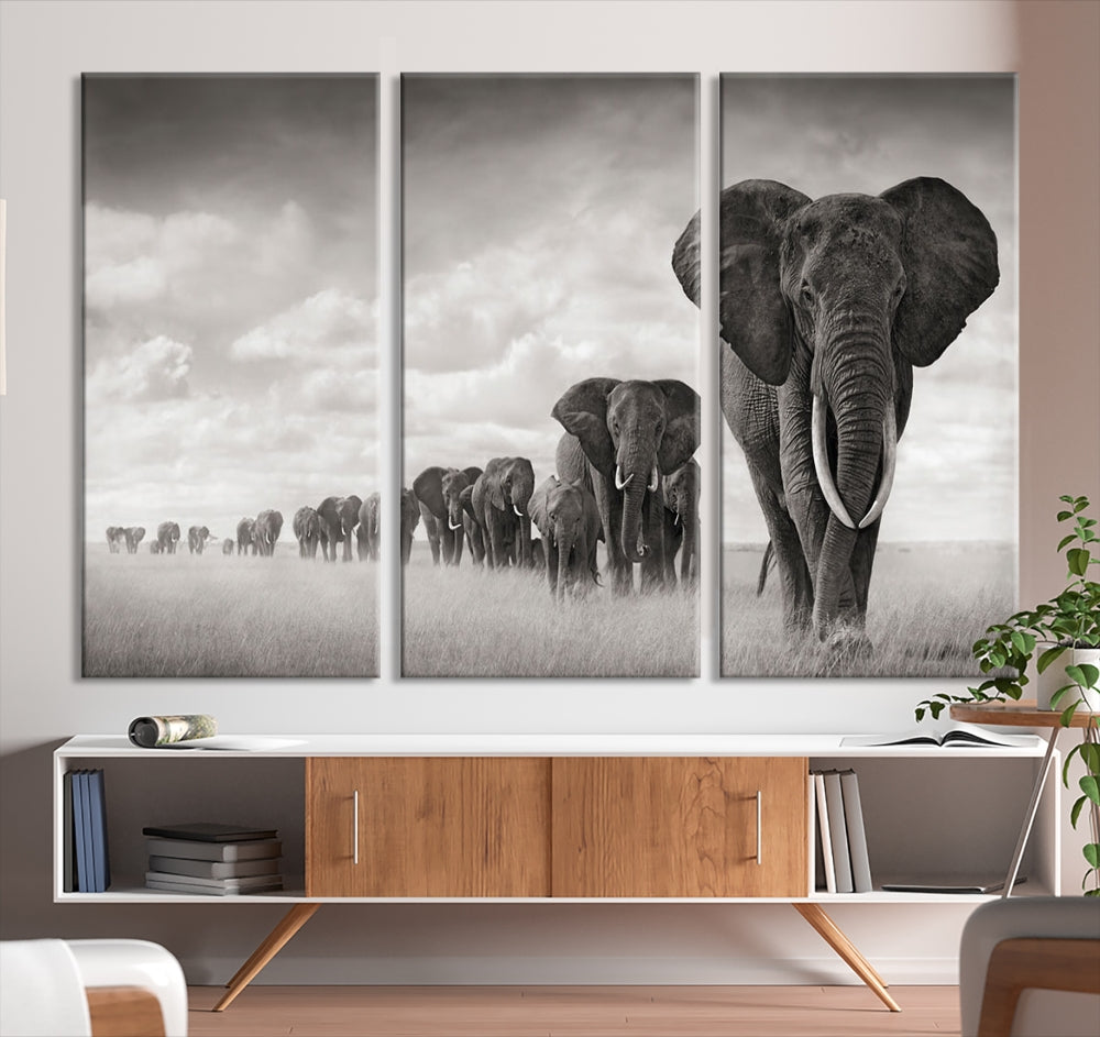 The "Herd of Elephants Wall Art Canvas Print" features an elegant black and white triptych of elephants walking in a line, beautifully displayed on museum-quality canvas with a UV-protective coating. This artwork arrives ready to hang and adds sophistication to any space.