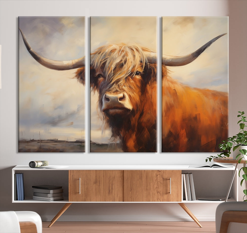 Triptych canvas wall art featuring a majestic abstract Highland longhorn cow with long horns and a flowing coat, set against a serene, natural backdrop.