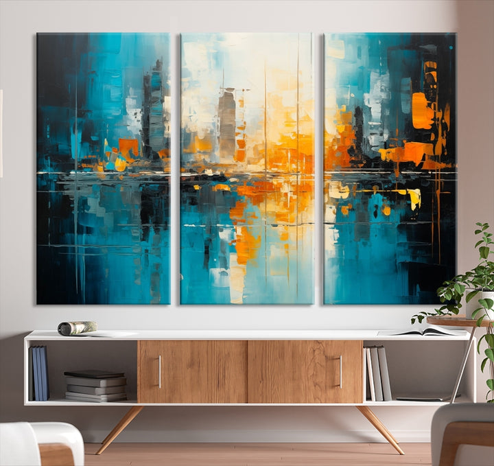 The Large Modern Abstract Wall Art Canvas Print, gallery wrapped on museum-quality canvas, enhances the modern living room setting.